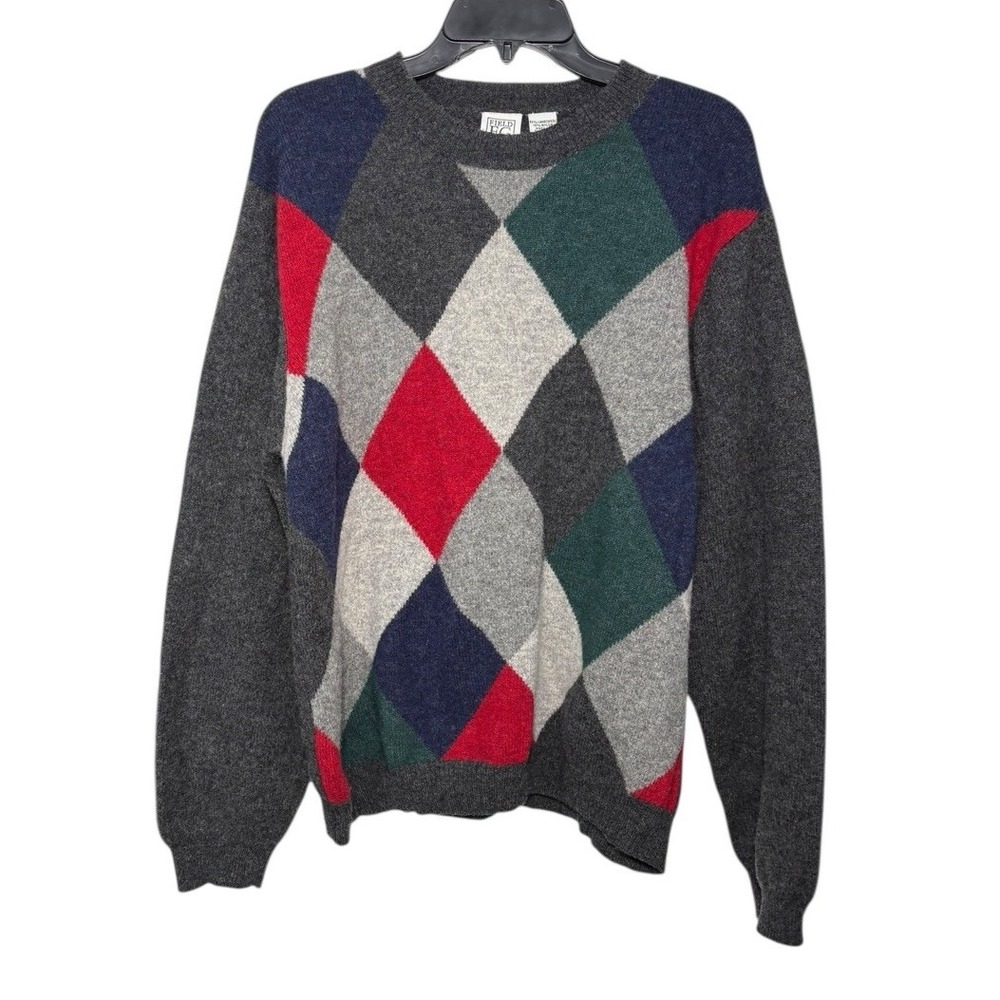 VTG‎ FG Field Gear Gray Mens Lambswool Pullover Sweater Argyle Diamond XL